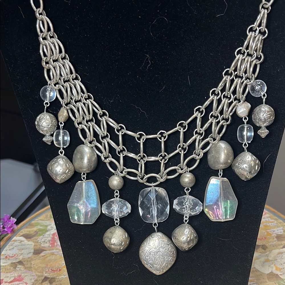 Silver Tone Statement Necklace with Clear Accents